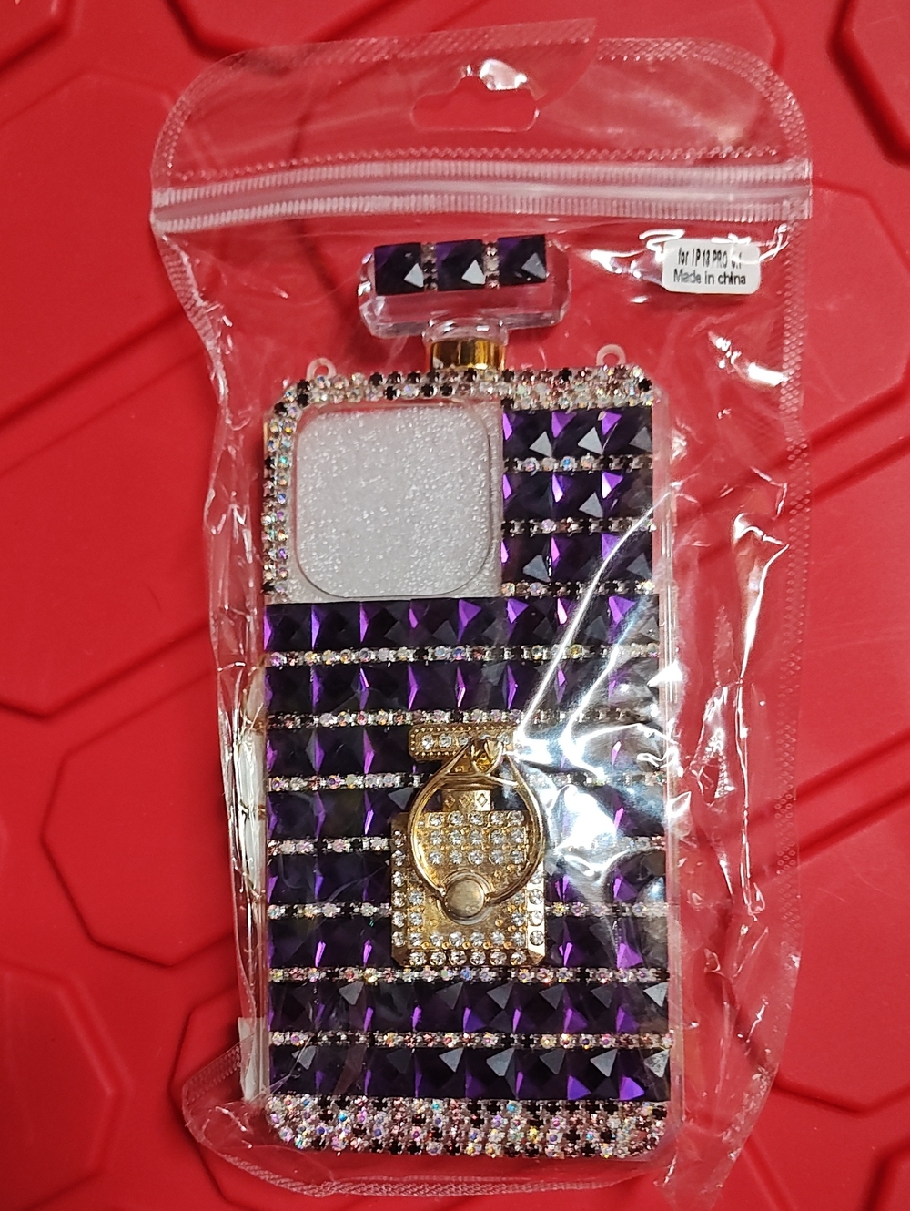 iPhone 13 Pro Purple Crystal Perfume Bottle Phone Case with Gold Ring